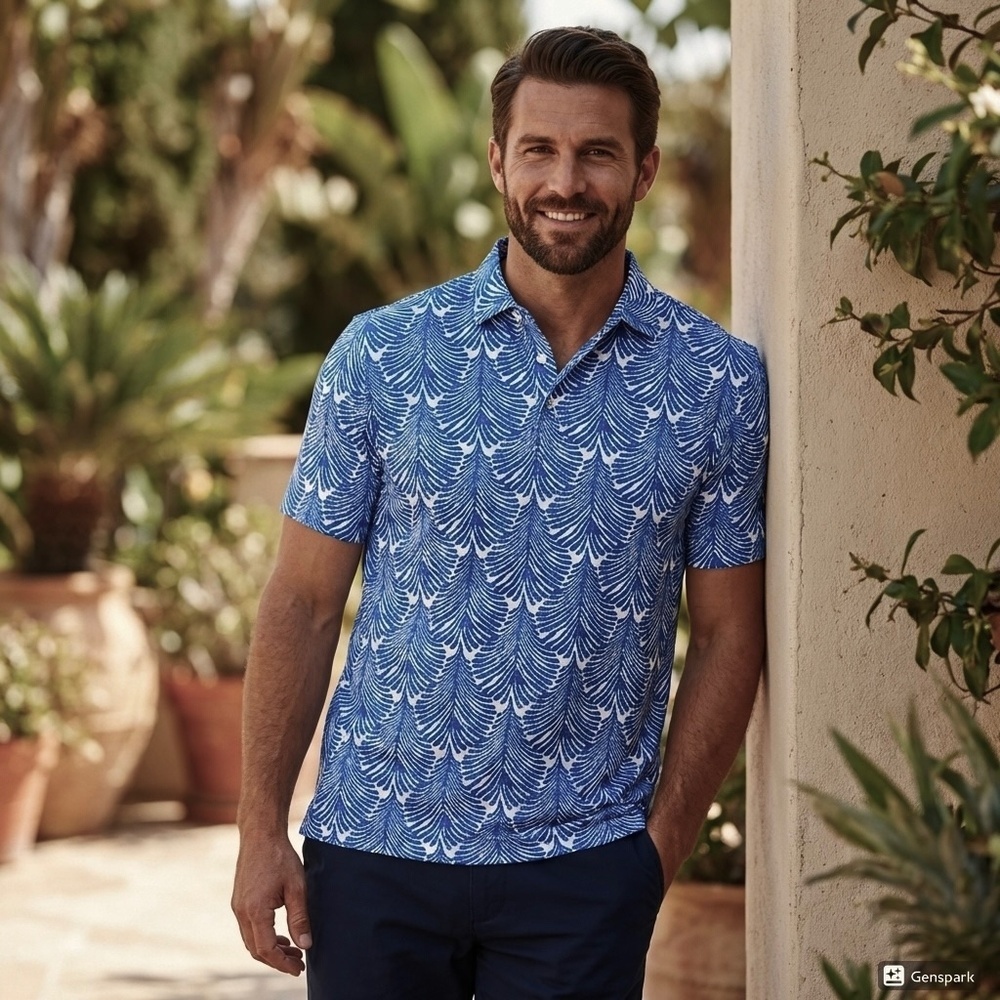 EUC Men's Johnnie-O Blue White Palm Print Performance Polo Golf Shirt Size LARGE